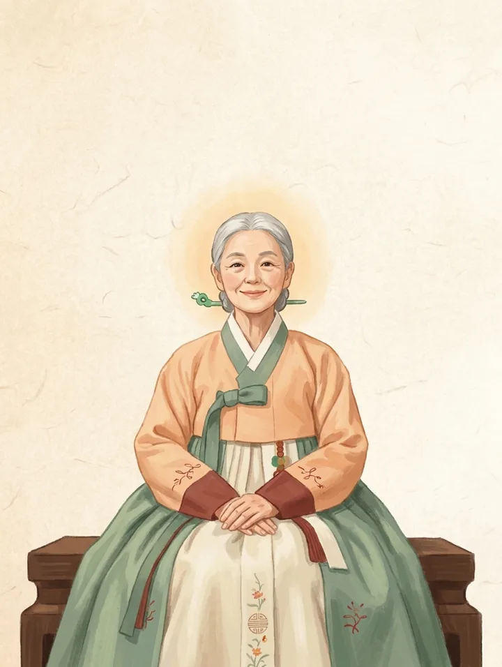 붉은 실이 감긴 실패를 든 삼신할미